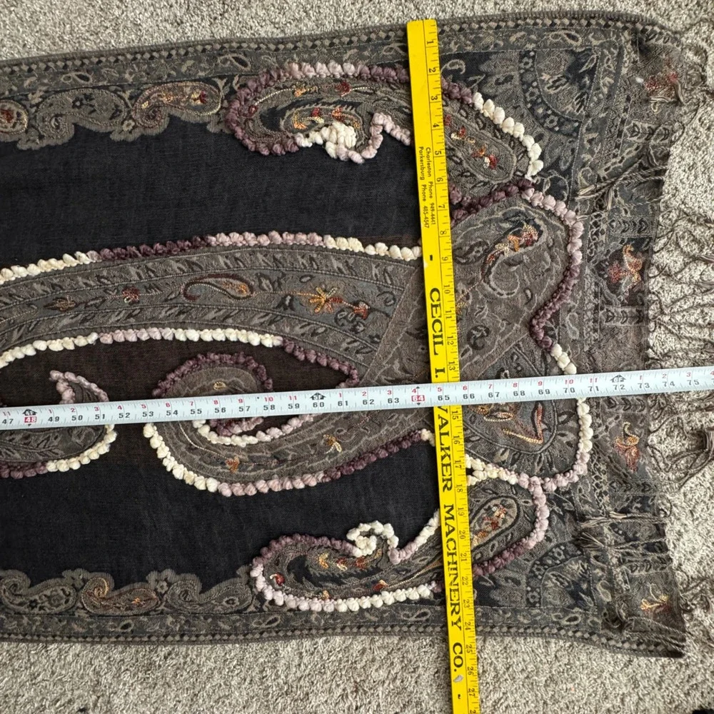 Boho Paisley Popcorn Textured Fringe Wrap Shawl Scarf Charcoal Brown Pink Gypsy